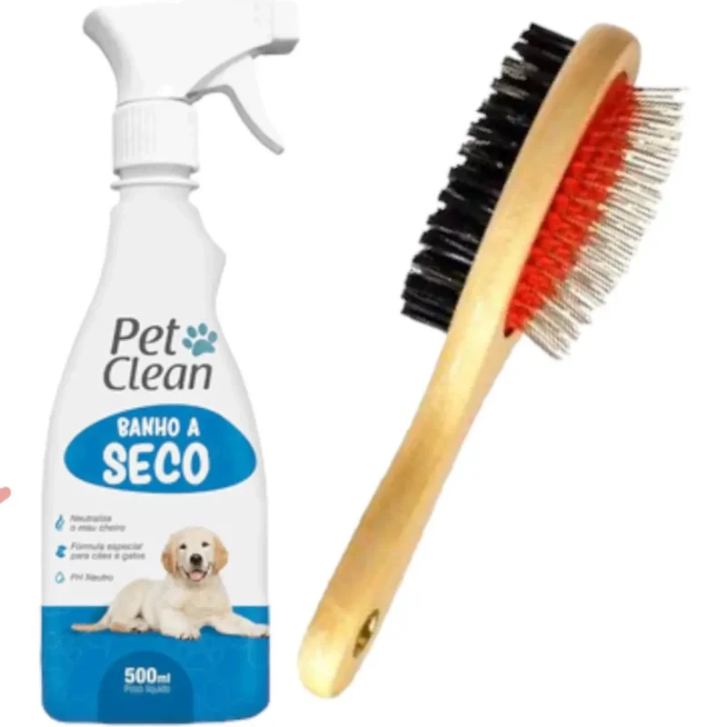 Kit Banho a Seco Pet Clean 500ml e Escova Dupla